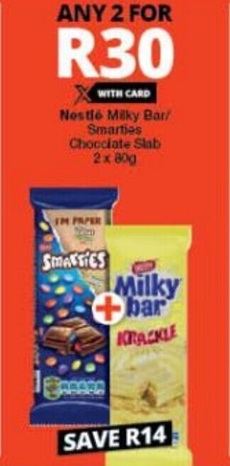 Checkers Nestlé Milky Bar/ Smarties Chocolate Slab 2 x 80g offer