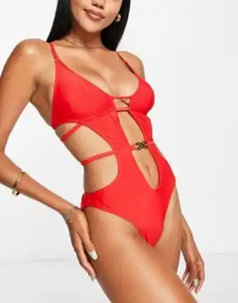 Asos Asos design cut out plunge swimsuit with trim detail in red offer