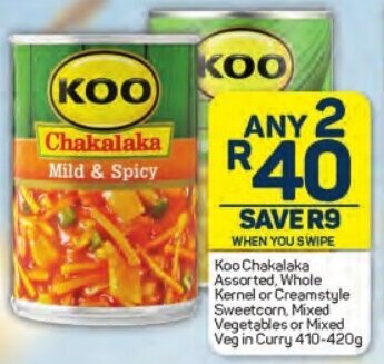 Pick n Pay Koo Chakalaka Assorted, Whole Kernel or Creamstyle Sweetcorn, Mixed Vegetables or Mixed Veg in Curry 410-420g offer