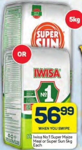 Pick n Pay Iwisa No.1 Super Maize Meal or Super Sun 5kg Each offer