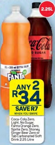 Pick n Pay Coca-Cola Zero, Light, No Sugar Fanta Orange Zero, Sprite Zero, Stoney Ginger Beer Zero or Tab Carbonated Soft Drink 2.25 offer