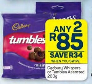 Pick n Pay Cadbury Whispers or Tumbles Assorted 200g offer