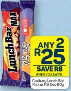 Pick n Pay Cadbury Lunch Bar Max or PS Duo 60g offer