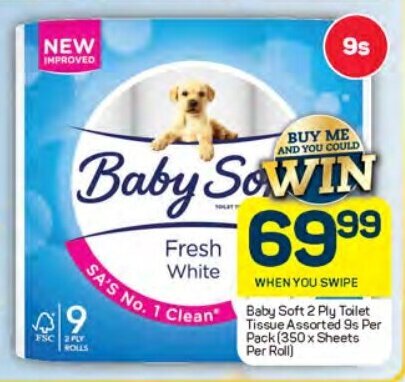 Pick n Pay Baby Soft 2 Ply Toilet Tissue Assorted 9s Per Pack (350x Sheets Per Roll) offer
