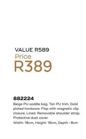 Honey Fashion Accessories Beige pu saddle bag. tan pu trim, gold plated hardware offer