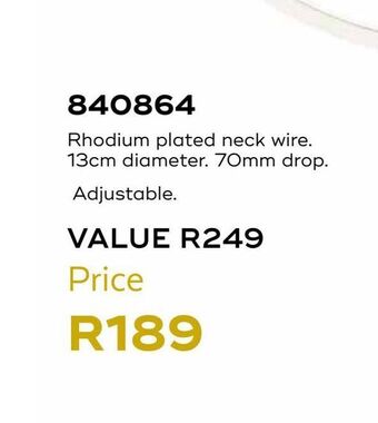 Rhodium plated neck wire. 13cm diameter. 70mm drop.