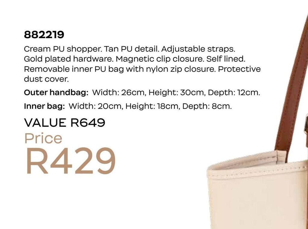 Honey Fashion Accessories Cream pu shopper. tan pu detail. offer