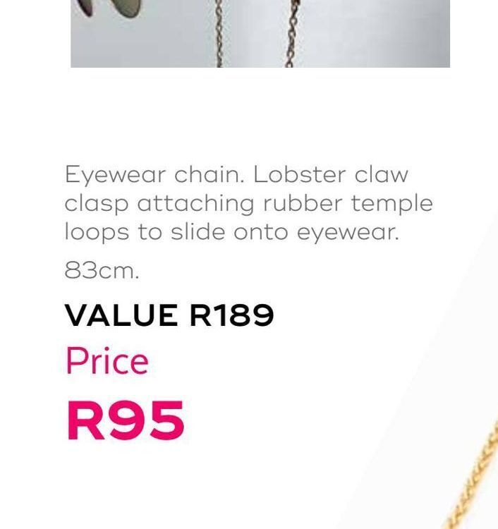 Honey Fashion Accessories Eyewear chain. lobster claw clasp attaching rubber temple loops to slide onto ewewear 83cm offer
