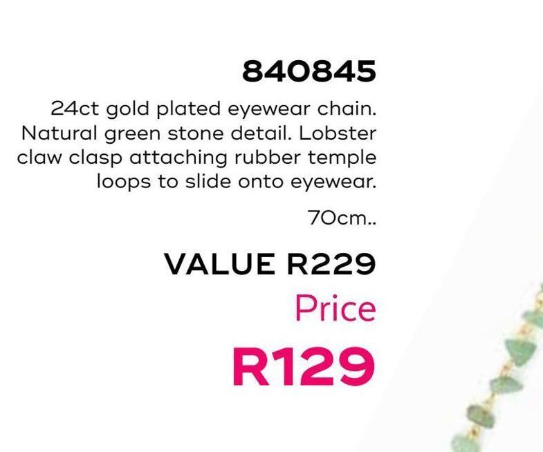 24ct gold plated eyewear chain, natural green stone detail. offer at