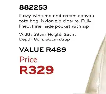Honey Fashion Accessories Navy, wine red and cream canvas tote bag. nylon zip closure offer
