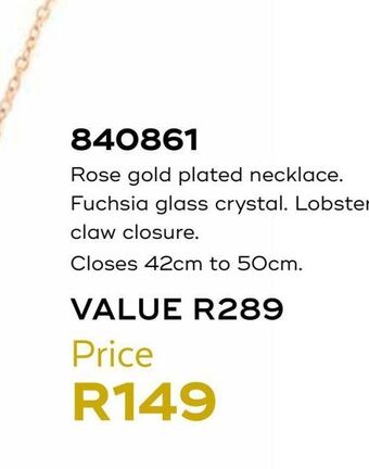 Rose gold plated necklace. fuchsia glass crystal, lobster claw closure
