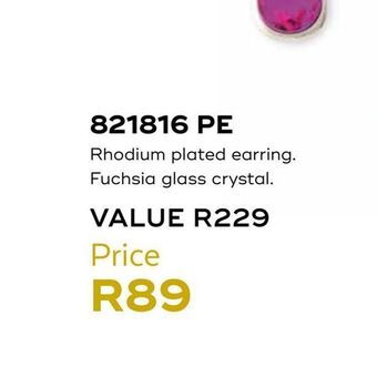 Honey Fashion Accessories Rhodium plated earring. fuchsia glass crystal offer