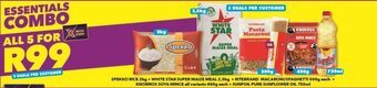 Shoprite SPEKKO RICE 2kg + WHITE STAR SUPER MAIZE MEAL 2,5kg + RITEBRAND MACARONI/SPAGHETTI 500g each + KNORROX SOYA MINCE all variant offer