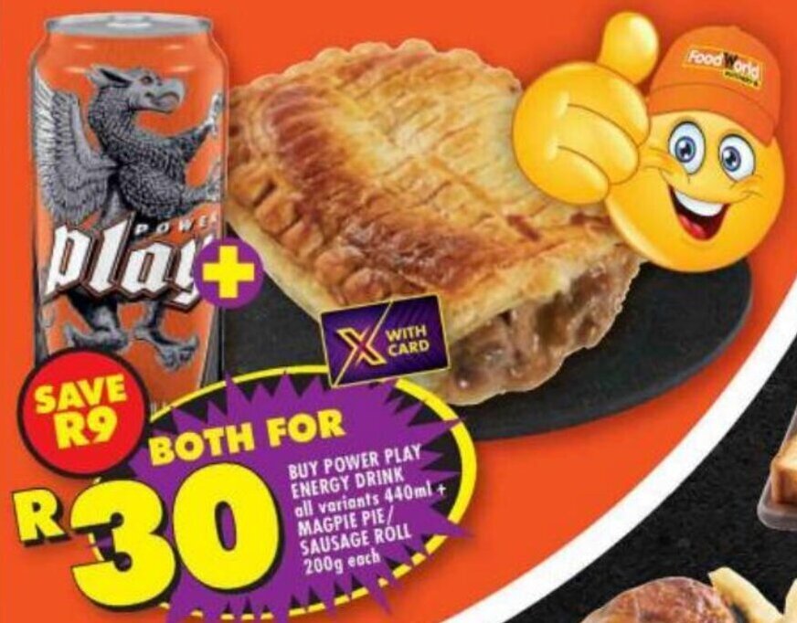 BUY POWER PLAY ENERGY DRINK all variants 440ml + MAGPIE PIE/ SAUSAGE