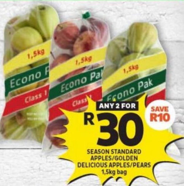Shoprite SEASON STANDARD APPLES/GOLDEN DELICIOUS APPLES/PEARS 1,5kg bag offer