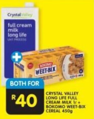Shoprite CRYSTAL VALLEY LONG LIFE FULL CREAM MILK 1+ BOKOMO WEET-BIX CEREAL 450g offer