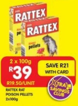 Shoprite RATTEX RAT POISON PELLETS 2x100g offer