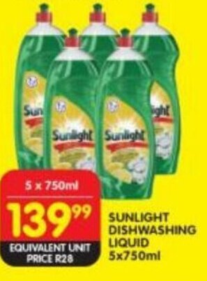 Shoprite SUNLIGHT DISHWASHING LIQUID 5x750ml offer