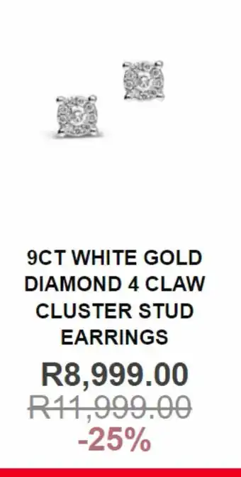 Arthur Kaplan 9ct white gold diamons 4 claw cluster stud earrings offer