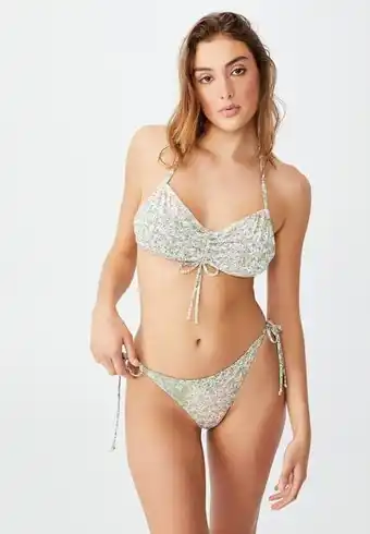 Tie side hipster cheeky bikini bottom - patchwork ditsy green