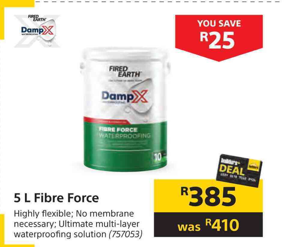 Fired earth damp x fibre force5l offer at Builders Warehouse