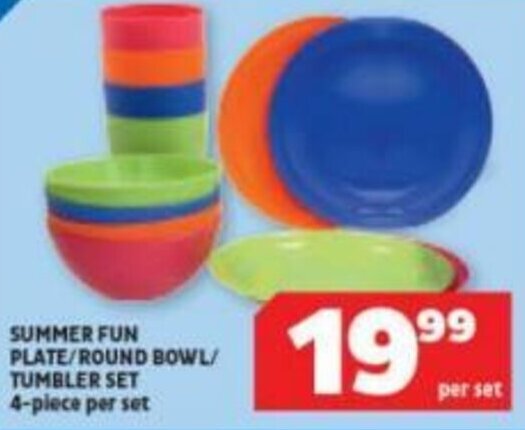 Usave SUMMER FUN PLATE/ROUND BOWL/ TUMBLER SET 4-plece per set offer