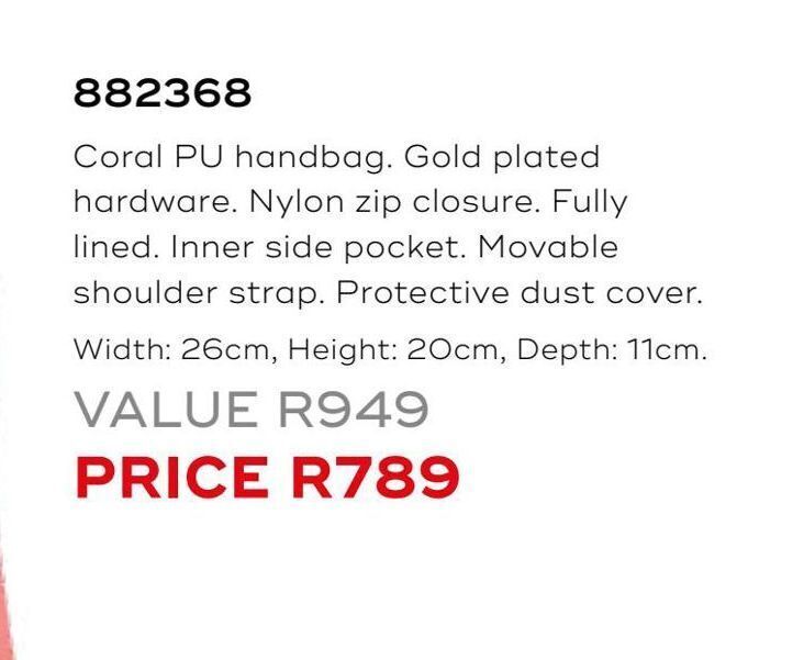 Honey Fashion Accessories Coral pu handbag. gold plated hardware offer