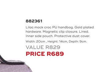 Honey Fashion Accessories Lilac mock croc pu handbag offer