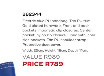 Honey Fashion Accessories Electric blue pu handbag offer