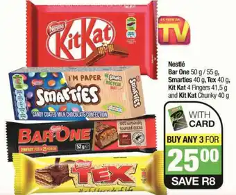 Spar Nestlé Bar One 50 g/55 g, Smarties 40 g, Tex 40 g, Kit Kat 4 Fingers 41,5 g and Kit Kat Chunky 40 g offer