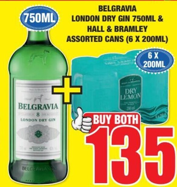 BELGRAVIA LONDON DRY GIN 750ML & HALL & BRAMLEY ASSORTED CANS (6 X