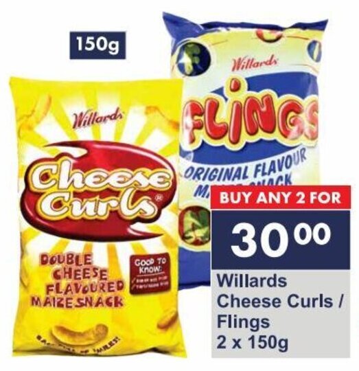 Willards Cheese Curls / Flings 2x150g offer at President Hyper
