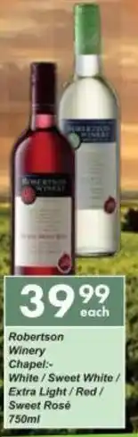 President Hyper Robertson Winery Chapel:- White/ Sweet White/ Extra Light/Red/ Sweet Rosé 750ml offer