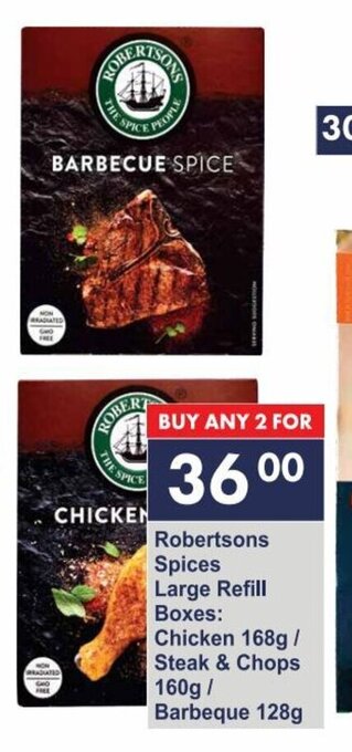 President Hyper Robertsons Spices Large Refill Boxes: Chicken 168g/Steak & Chops 160g/ Barbeque 128g offer