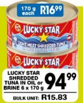 LUCKY STAR SHREDDED TUNA IN OIL or BRINE 6 x 170 g