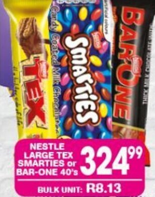 Giant Hyper NESTLE LARGE TEX SMARTIES or BAR-ONE 40's offer