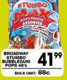 Giant Hyper BROADWAY STUMBO BUBBLEGUM POPS 48's offer