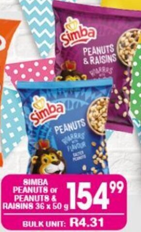 SIMBA PEANUTS or PEANUTS & RAISINS 36 x 50 g