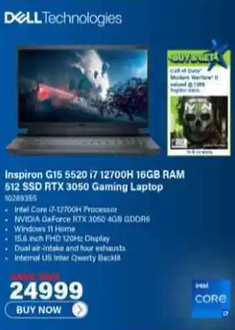 Incredible Connection Inspiron G15 5520 17 12700H 16GB RAM 512 SSD RTX 3050 Gaming Laptop offer