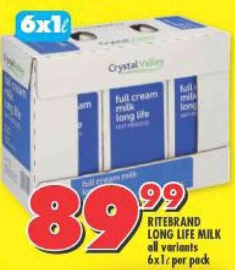 Shoprite RITEBRAND LONG LIFE MILK all variants 6x1L per pack offer