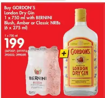 Makro Gordon's London Dry Gin 750ml with Bernini Blush, Amber or Classic NRBs (6x275ml) offer