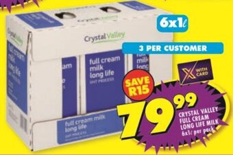 Shoprite CRYSTAL VALLEY FULL CREAM LONG LIFE MILK 6x1L per pack offer