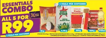 Shoprite SPEKKO RICE 2kg + WHITE STAR SUPER MAIZE MEAL 2,5kg +RITEBRAND MACARONI/SPAGHETTI 500g each offer