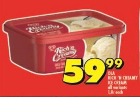 OLA RICH 'N CREAMY ICE CREAM all variants 1,8L each offer at Shoprite