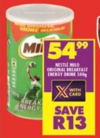 Shoprite NESTLE MILO ORIGINAL BREAKFAST ENERGY DRINK 500g offer