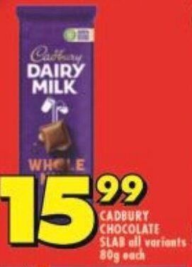 Shoprite CADBURY CHOCOLATE SLAB all variants 80g each offer