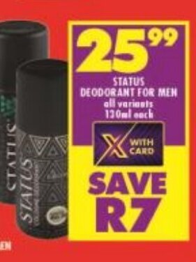 Shoprite STATUS DEODORANT FOR MEN all variants 130ml each offer