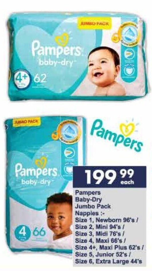 Pampers BabyDry Jumbo Pack Nappies Size 5, Junior 52's / Size 6, Extra Large 44's offer at