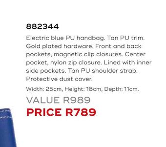 Honey Fashion Accessories Electric blue pu handbag. tan pu trim. offer