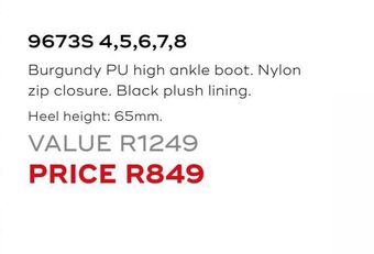 Burgundy pu high ankle boot. nylon zip closure. black plush lining